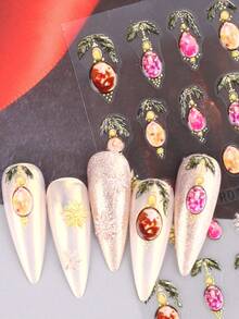 2 piezas de pegatinas de uñas 5D con relieve de Navidad en colores rojo y dorado mezclados con diseños de Papá Noel, renos, copos de nieve, estrellas, líneas, guantes navideños, luces de colores, acebo, bayas y hojas para decoración de uñas de Navidad y Año Nuevo