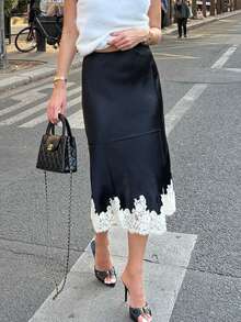 Women Silk Satin Half Slip Long Skirts Lace Patchwork Elastic Waist Long Skirt Elegant Silky Flowy A Line Midi Skirts