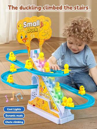 一套可爱小鸭滑梯轨道玩具，儿童居家趣味玩具，小鸭可自动爬楼梯，带音乐、声音和益智功能，适合男孩女孩，可作为生日礼物或派对礼物。