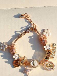 1pc Religious Virgin Mary Charm Bracelet, 1pc Religious Jesus Cross Bracelet, 1pc Fashionable Sakura DIY Bracelet, 1pc Angel Number 1111 Bracelet - Gold - View 5