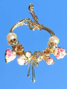 1pc Vintage Ceramic Charm Bracelet, Imitation Blue And White Porcelain Heart Flower Bracelet, Star Bracelet, Ceramic Heart Bow Bracelet