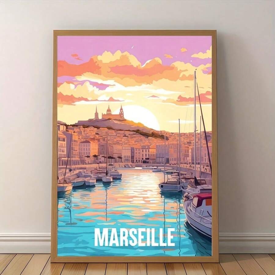 Marseille-Inspired Frameless Canvas Art Poster - Whimsical French & World Wall Decor For Living Room, Bedroom, Kitchen, Bathroom, Office, And Cafe - A - View 1