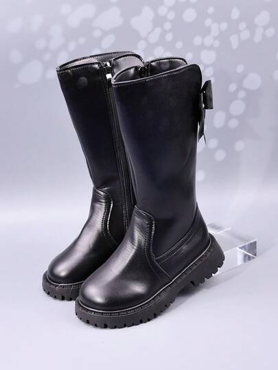 Botas para niñas para otoño/invierno, nuevos estilos de botas altas para niños, botas de cuero con lazo y perlas de plataforma gruesa para niñas de talla media, zapatos de estudiante, botas largas con cremallera lateral para niñas pequeñas