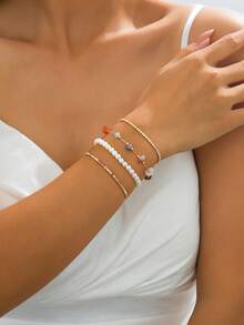 1pc Minimalist Colorful Natural Stone Beaded Bracelet & Anklet Set, Suitable For Women Beach Holiday Wear, Random Stone Color, Size & Quantity