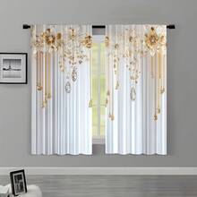 2 件涤纶滤光窗帘 - 高清白金花朵图案印花，适用于卧室、客厅、办公室和家居装饰，杆袋设计