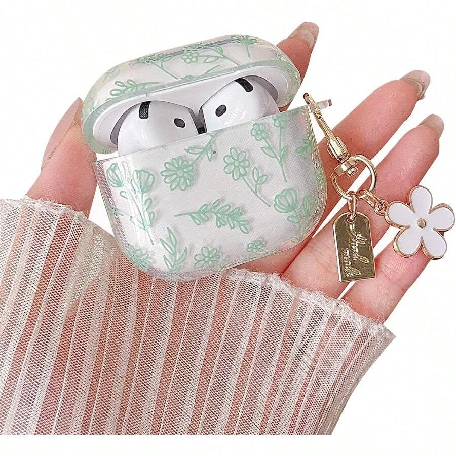 TLL MINSCOSE Compatible With AirPods 4 Clear CaseCute Flower Floral Aesthetic Design With Flowers Keychain Soft TPU Protective Shockproof Case For Women Girl For Airpods 4-Green2574 - 綠色 - 查看 1