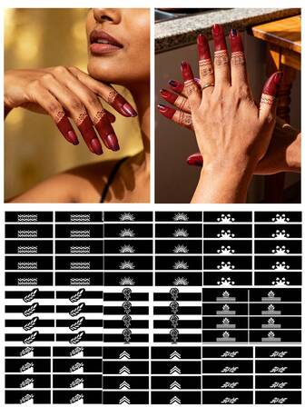 Haina Hand Drawn Hollow Out Finger Nail Flower Finger Template With Multiple Patterns Haina Bride Wedding Party Semi Permanent Finger Skin Painting Waterproof Tattoo Template