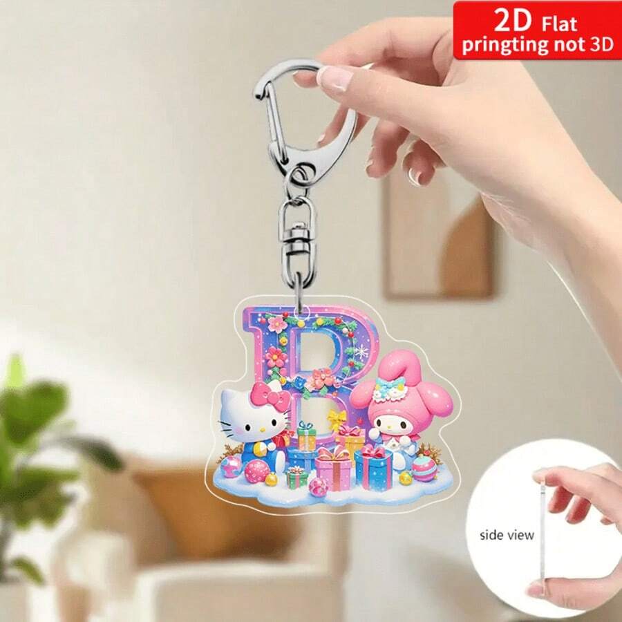 Sanrio Impresión plana 2D, 1 llavero acrílico de Sanrio, 26 letras del alfabeto en inglés de Melody y Hello Kitty, colgante con inicial de nombre, colgante de bolso lindo, llavero de pareja, llavero de coche, adecuado para Navidad, Acción de Gracias, decoración del Día de San Valentín, regalo de carnaval, regalo de Navidad Impresión plana 2D