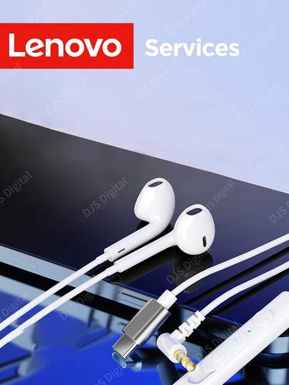 Lenovo 有线立体声耳机，经典半入耳式耳机，带麦克风和音量控制，兼容多种设备，通话隔音，Type-C/3.5mm