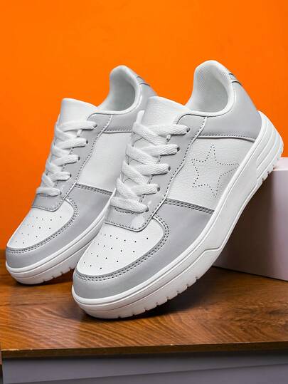 Women's Gray And White Star-Pattern Sneakers - Breathable Design With Low-Top Style For Everyday Comfort, Year-Round Shoes For Women