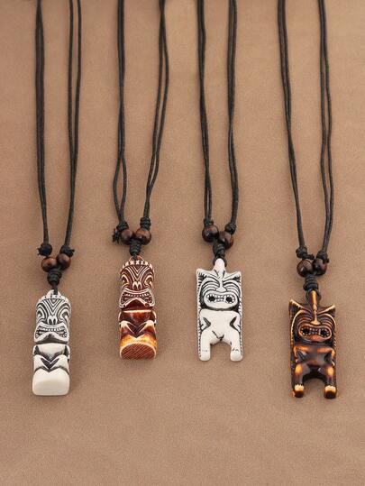 1 Piece Fashionable Hawaiian Tiki Totem Pendant Adjustable Polynesian Necklace, Faux Bone Carved Pendant Necklaces