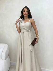 Women's Long Dress With Straps, Bow, No Manca, Elegant, Chic Party, Wedding, Graduation, Godmother, Evangelical Fashion, Bojo - 米色 - 查看 1