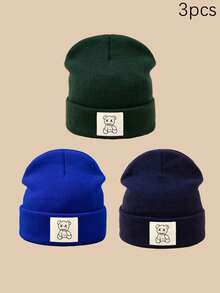 1/2/3pcs Unisex Line Bear Print Knit Beanie Hat, Soft Warm Casual Outdoor Fashion Headwear, Suitable For Daily Wear