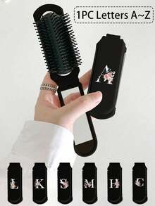 Hochwertige schwarze faltbare multifunktionale kompakte Kosmetikpinsel mit Luftpolster, Muster mit den Anfangsbuchstaben A~Z von Blumen, Massagekamm mit Spiegel, abnehmbar, praktisch für Frauen/Mädchen zum Gebrauch, tragbares Notfall-Make-up-Tool Badezimmer Badezimmer Accessoires Badezimmer Werkzeuge