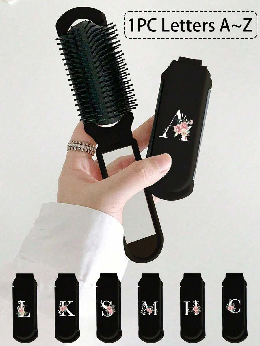 Hochwertige schwarze faltbare multifunktionale kompakte Kosmetikpinsel mit Luftpolster, Muster mit den Anfangsbuchstaben A~Z von Blumen, Massagekamm mit Spiegel, abnehmbar, praktisch für Frauen/Mädchen zum Gebrauch, tragbares Notfall-Make-up-Tool Badezimmer Badezimmer Accessoires Badezimmer Werkzeuge
