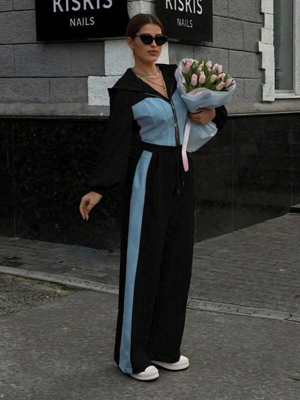 Women's Casual Color Block Hooded Zip-Up Sweatshirt And Pants Two Pieces Set, Suitable For School, Office, Daily Wear, Airport, Spring/Autumn