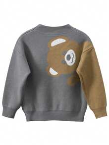 Young Boy Colorblock Round Neck Long Sleeve Cartoon Bear Casual Sweater, Autumn/Winter