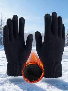 1 双黑色全指针织触屏手套，保暖内衬寒冷天气骑行手套