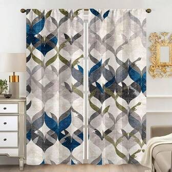 2pcs Geometric Ribbon Curtains, Timeless Design Household Window Filter Polyester Curtains, Pole Style Pocket Curtains For Living Room And Bedroom Decoration