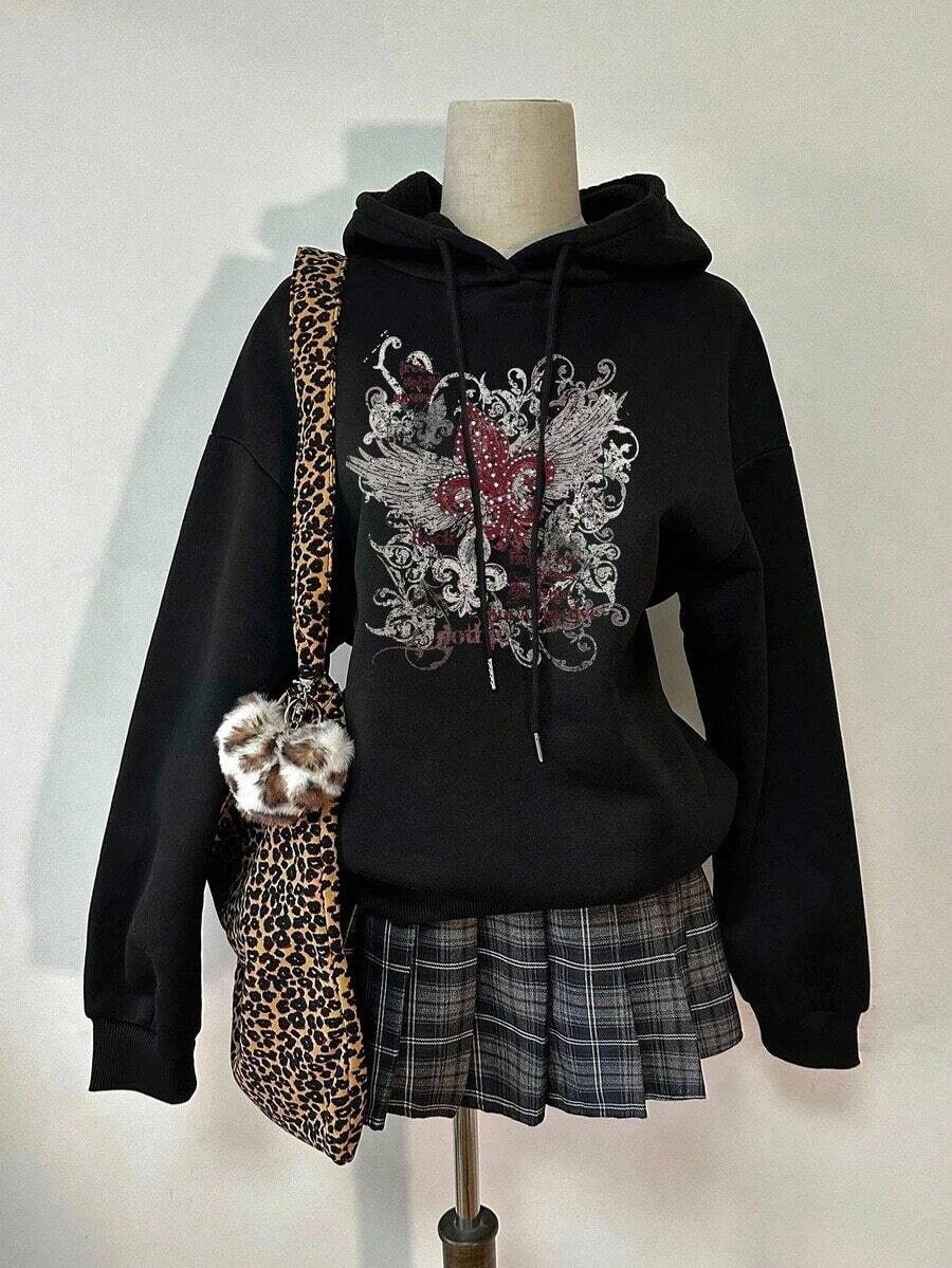Popular Hoodies For GirlsWomen's Casual Simple Milano Pattern White Hoodie Sweatshirt, Loose Fit, Thick Thermal Lined, Suitable For Autumn And Winter,Long Sleeve Tops Back To School Fall And Winter Clothing Autumn And Winterroomy And Comfortable - Black 5 - 查看 1