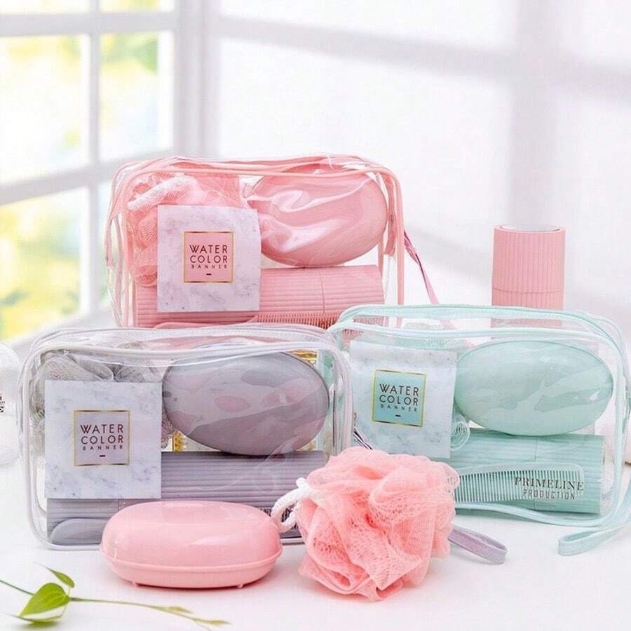 5-Piece Travel Kit With Brush, Comb, Soap Dish, And Shower Bag Compact For Travel - Verde - View 1