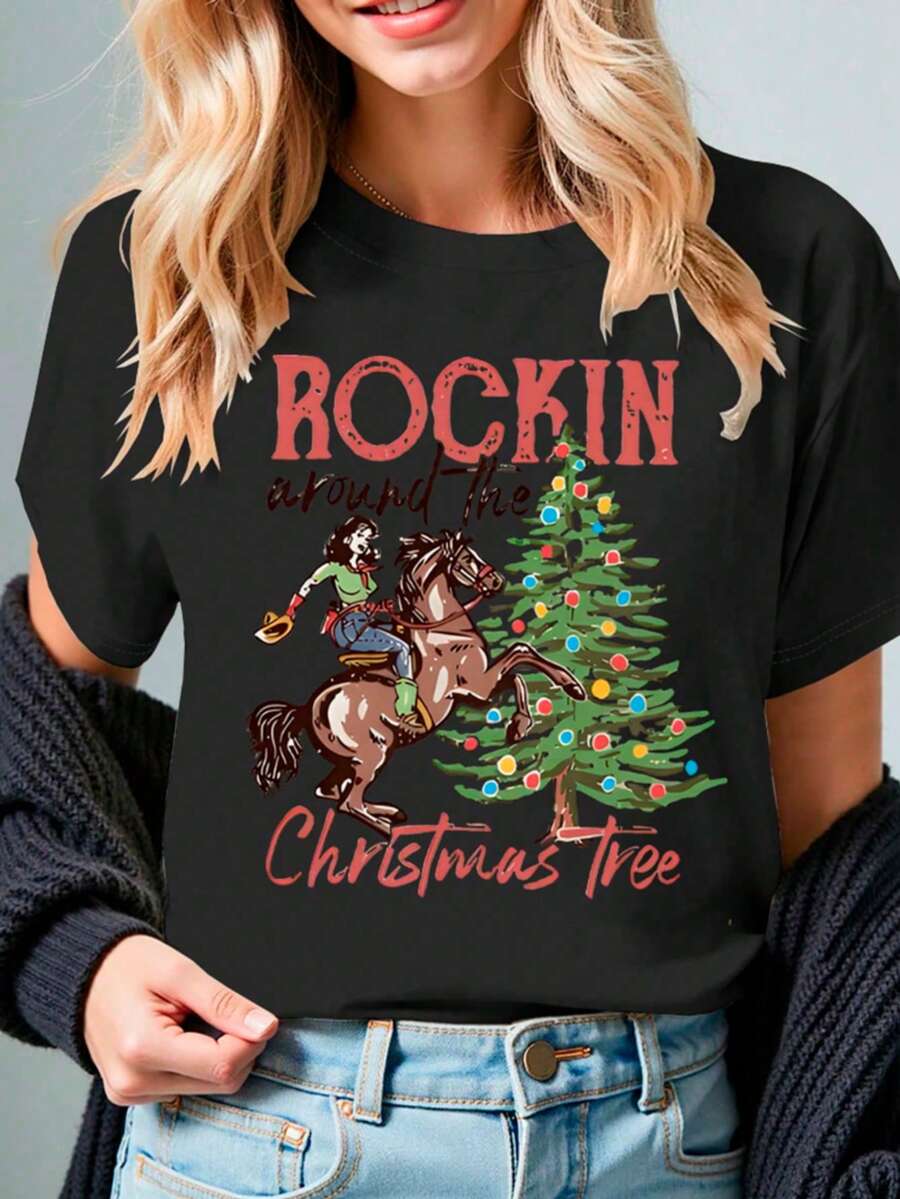 Playera navideña casual con estampado "Rockin Around the Christmas Tree", moderna, cómoda y divertida - Negro - Ver 1