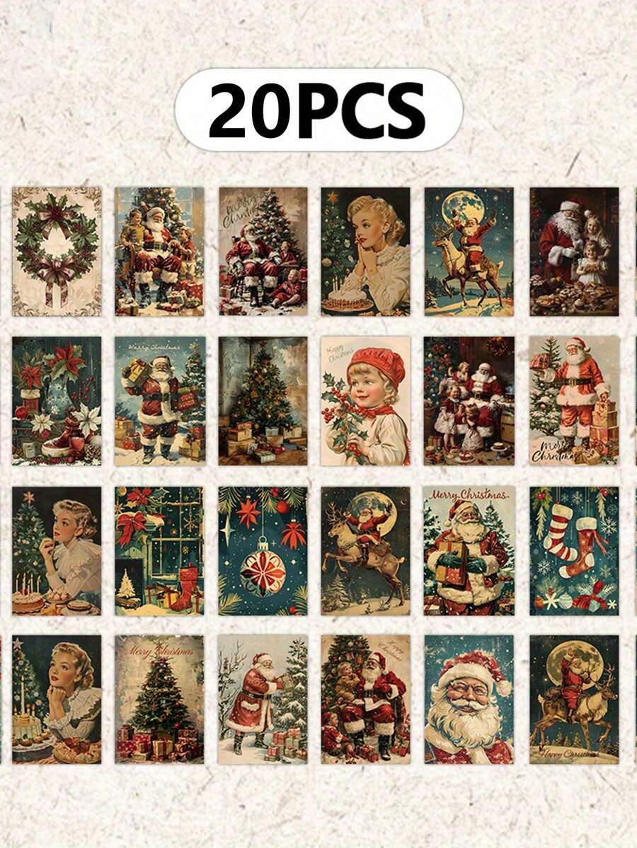 Christmas Vintage Beautiful Art Postcards - 4x6 Inch Grunge Journal Paper With Santa Claus, Snowman, Christmas Tree And Holiday Scenes, Collectible Sturdy Decorative Cards For Scrapbooking, Crafts, Christmas Gifts And Winter Stationery, Holiday Decoration Classic Illustrations, Handmade Texture, High Quality Printing, Perfect For Craft Lovers, Scrapbook Enthusiasts, Christmas Decoration