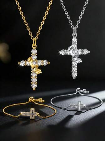 Ensemble de bijoux style hip-hop mode de rue, collier croix en cuivre plaqué or pour les bénédictions et les prières. Cadeau de bijoux pour petit ami, mari, ami, famille