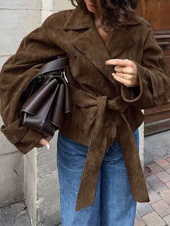 秋冬新款时尚麂皮翻领休闲棕色双排扣收腰夹克，高端女士通勤装