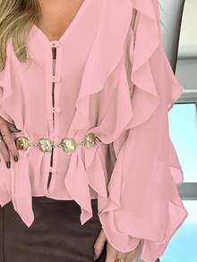 Blouse  en mousseline de soie à col en V élégant, volants à l'ourlet asymétrique et boutons, manches longues, rose - Rose bonbon - Voir 4