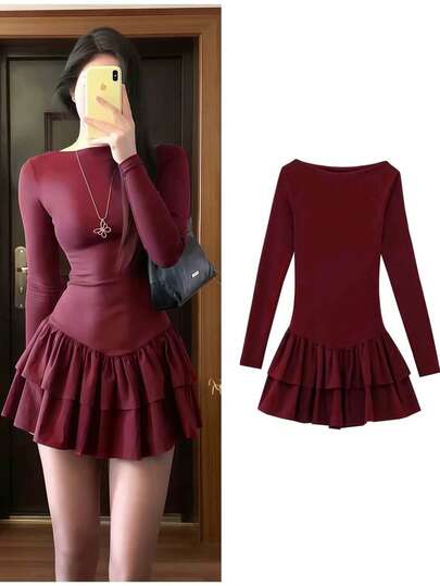 Vestido corto de manga larga con dobladillo de doble capa y empalme, nuevo diseño de moda para mujer en otoño