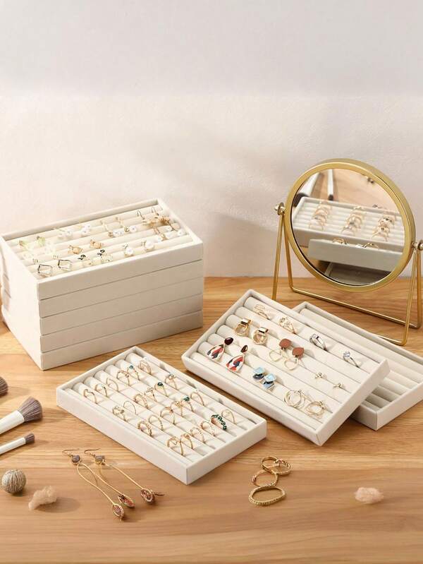 9/1 szt. Wysokiej jakości, składane, aksamitne tacki na biżuterię – nie pozostawiające włókien – trwałe – składane tacki/stojaki na biżuterię, wkładane pojemniki do szuflad na biżuterię, pudełka ekspozycyjne na kolczyki, pierścionki, naszyjniki i inną biżuterię – stylowo uporządkuj swoją biżuterię (beżowe)