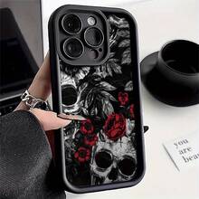 Funda de Teléfono con Patrón de Rosa y Calavera Sonriente, Compatible con 16 Pro/16 Plus/16 Pro/16/15 Pro/15 Plus/15 Pro/15/14 Pro/14 Plus/14 Pro/14/13 Pro/13 Pro/13/12 Pro/12 Pro/12/11 Pro/11 Pro/11/XS/XR/X/Plus, Funda Protectora Suave de TPU Resistente a Impactos y Suciedad - Colores mixtos - Ver 12