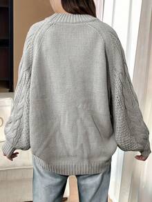Plus Size Loose Casual Round Neck Long Sleeve Knitted Pullover Sweater - Grey - View 3