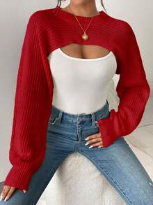 不对称下摆纯色罗纹针织套头衫 - 紅色 - 查看 5