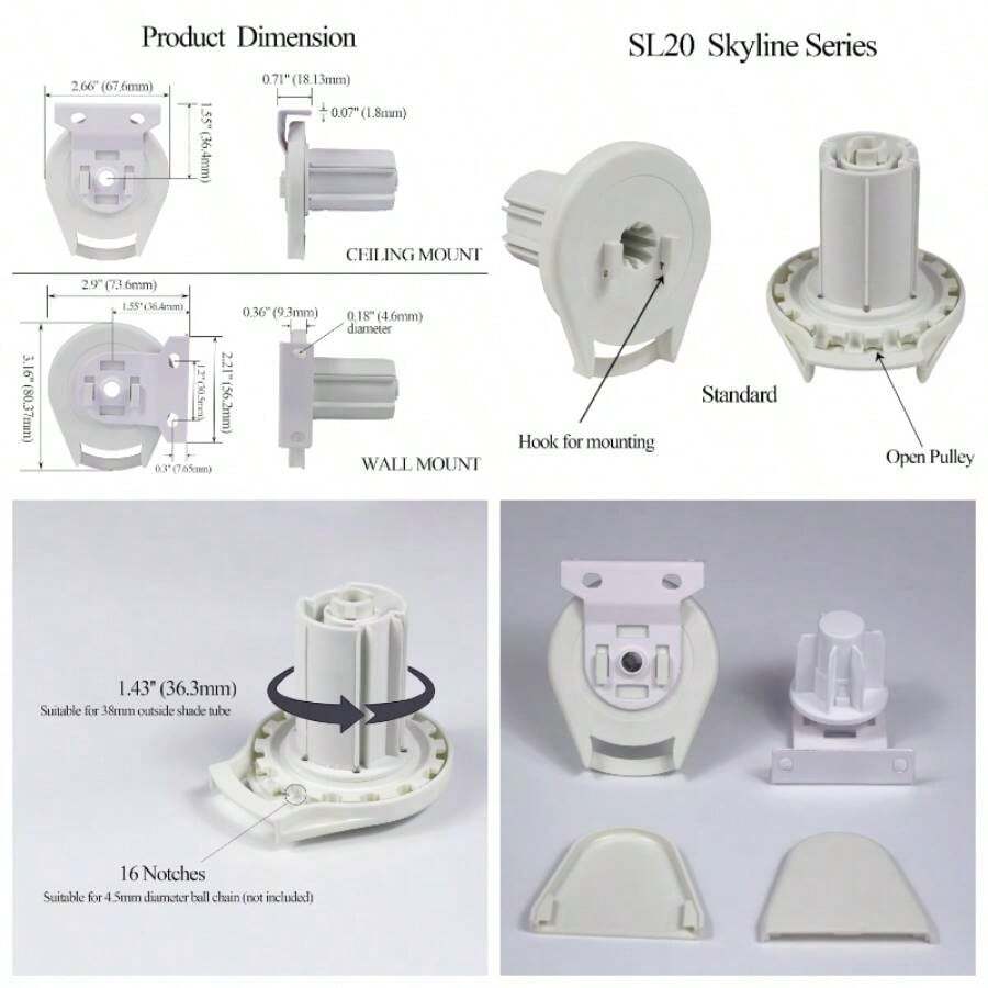 Skyline SL20 - Embrague de montaje de gancho para persiana enrollable compatible con tubo de 1 - 1/2 pulgadas para sombras de ms de 16 libras - blanco - Ver 1