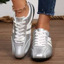 Women Classic Retro Gum Sole Fashion Sneakers Chunky Shoes For Outdoor Office Work Walking Travel Sport Tennis Shoes Four Season - 銀色 - 查看 8