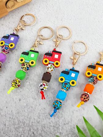 1 pieza Llavero de cuentas de silicona hecho a mano con estampado de tren de dibujos animados y leopardo, accesorio de encanto lindo para bolso/mochila, regalo de llavero para amigos, familia, compañeros de clase, adornos navideños para bolsos, accesorios para automóviles, ideas de regalo para maestros y hermanas
