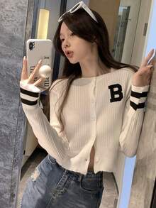 女士休闲撞色条纹字母刺绣开衫，秋季白色春季 - 白色 - 查看 6