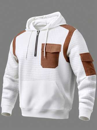 เสื้อฮู้ดถักวาฟเฟิลย้อนยุคสำหรับผู้ชายพร้อมกระเป๋าข้าง - เสื้อสเวตเตอร์ลำลองแขนยาว ทรงพอดีตัว ดีไซน์ตัดกันสีขาวและน้ำตาล เหมาะสำหรับใส่ลำลองในชีวิตประจำวัน