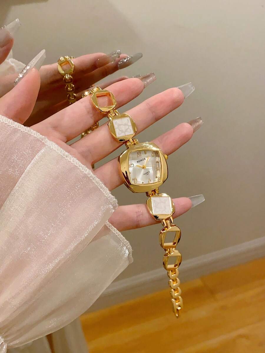 1pc Women's Gold-Tone Alloy Asymmetric Bracelet Watch, Fashion Arabic Numeral Dial, Quartz Movement, Adjustable Strap, Suitable For Daily Wear And Holiday Gifts - 白色 - 查看 1