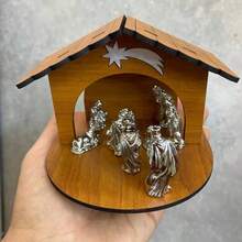 Nacimiento navideño chico MDF con figuras metálicas decoración Navidad set artesanal mexicano adorno religioso para mesa sala hogar compra especial celebración estilo tradicional - Plateado - Ver 4