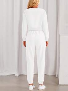 Women Fall 2 Piece Outfits Casual Long Sleeve Crop Top Drawstring Pant Jogger Suit Jumper Sportswear Sweatsuits Tracksuit Matching Set - 白色 - 查看 2
