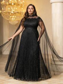 UNITHORSE [Random Print] Plus Women's Stand Collar Floating Piece Sleeve Tassel Slim-Fitting Evening Dress - Black - View 7