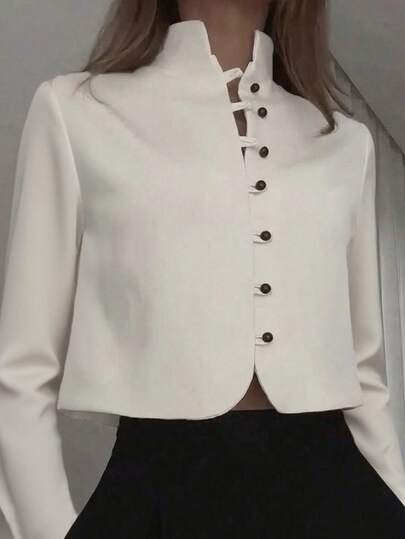 Blusa de manga larga con cuello mandarín de unicolor y abotonadura para mujer, elegante y vintage, lavable a máquina, ajuste regular sin estiramiento, apta para otoño/invierno, uso casual, oficina, vintage, diseño sencillo y elegante con abotonadura, apariencia refinada, adecuada para la oficina, reuniones casuales, brunch, citas, salidas, visitas a galerías de arte, fiestas de cóctel, etc.
