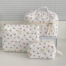 3pcs Makeup Bag Quilted Cosmetic Bag Silk Ribbon Large Floral Make Up Bag For Women Bow Cotton Makeup Bag Set Flower Travel Toiletry Bag - trắng - Xem 11