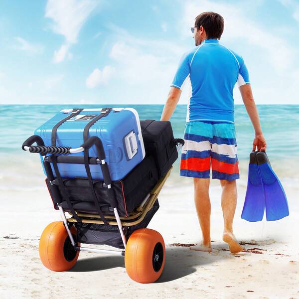 Beach Dolly With Big Wheels For Sand, 29.9" X 15.4" Cargo Deck, W/ 12" Solid Wheels, 165LBS Loading Capacity Folding Sand Cart & 27" To 44.7" Adjustable Height, Heavy Duty Cart For Beach