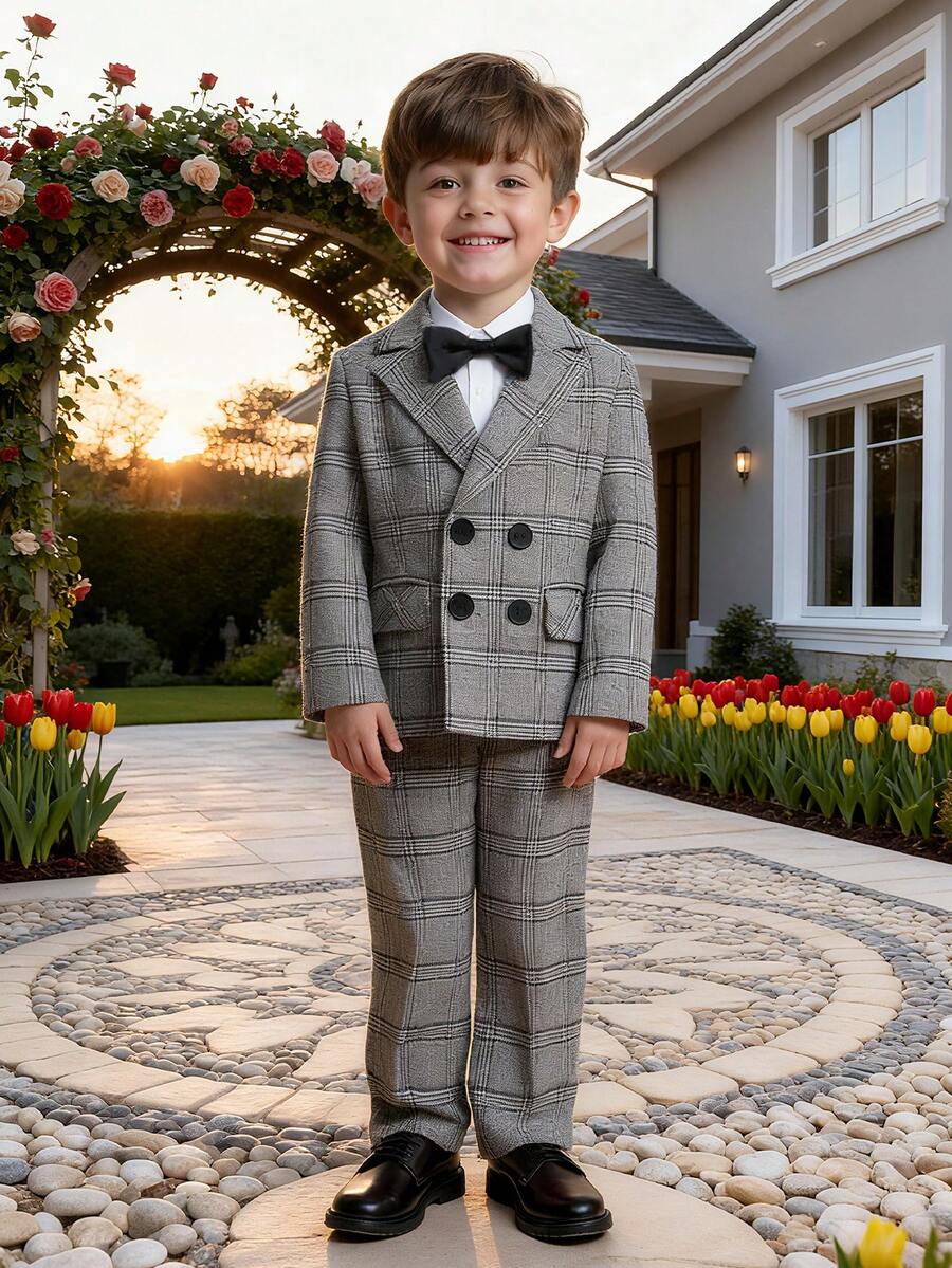 3pcs Boys Suit Set, New Flower Boy Wedding Formal Wear, Performance Outfit, Toddler/Little/Tween Kid, Includes Blazer, Pants, Bow Tie - Grey - View 1
