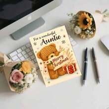 بطاقة تهنئة عيد الميلاد مع ظرف (11 سم * 16 سم) - بتصميم دب تيدي مصنوع بالكروشيه، مثالية للهدايا للخالة، مناسبة لاحتفالات عيد الميلاد وبطاقات التهنئة بالمناسبات