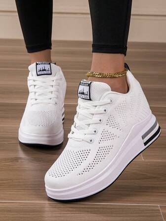 女士新款轻便透气网眼休闲鞋，镂空设计，增高，适合矮个子女性，纯色，户外穿着，四季皆宜